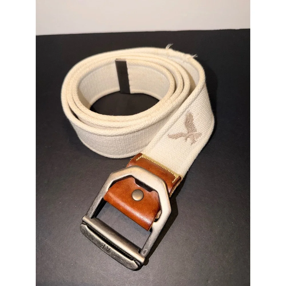 American Eagle Mens Cream Cotton Web Belt Leather Trim Eagle Logo Sz Large